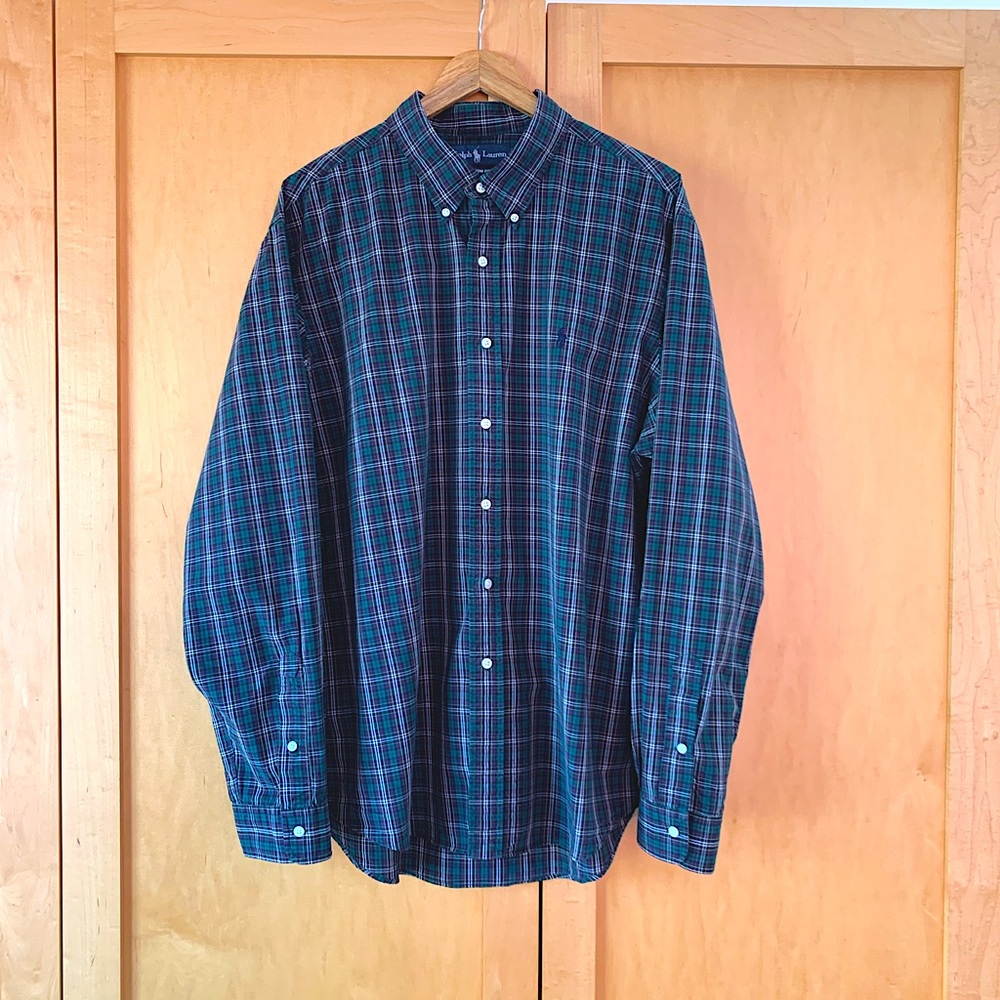 100% cotton poplin men’s Polo Ralph Lauren button down collar plaid woven shirt.